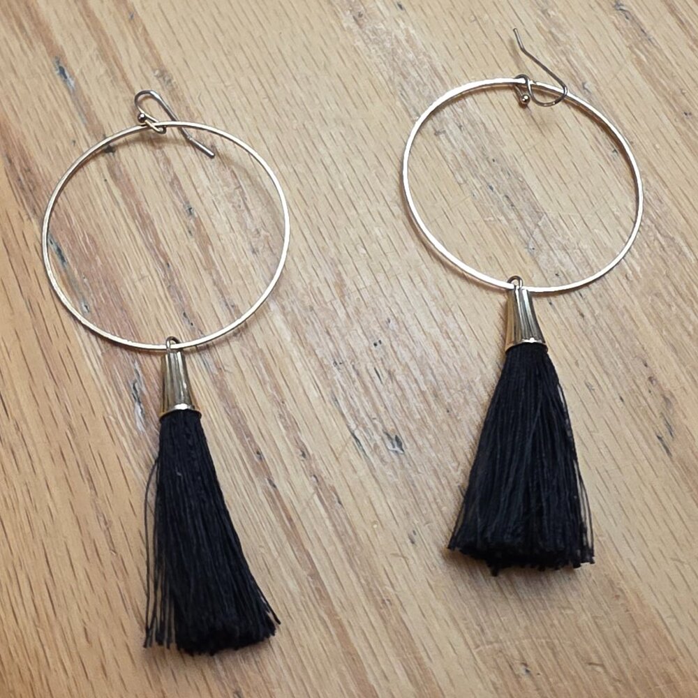 Francesca's Collections Gold Hoop Black Tassel Drop Dangle Earrings